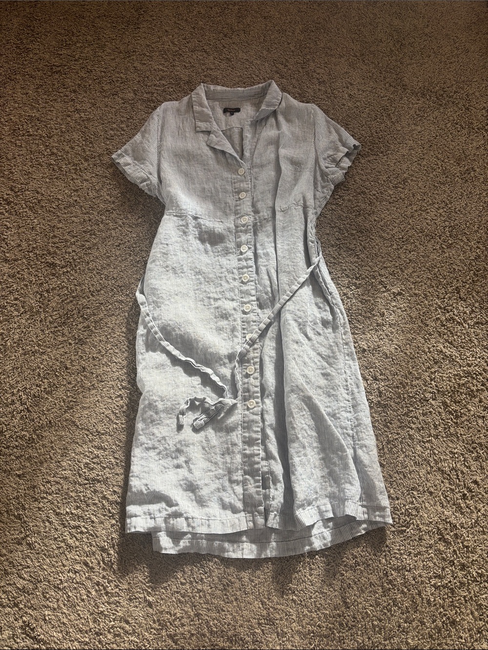 Quince Pale Blue Linen Button-Front Dress with Tie - Picture 1 of 5